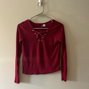 HSM red long sleeve with lace tie in front, size XS